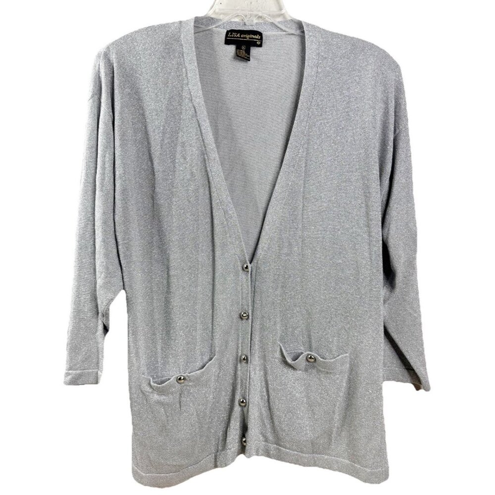 VTG Lisa Originals XL Silver Sparkly Button Up Cardigan Rayon Blend Metallic EUC